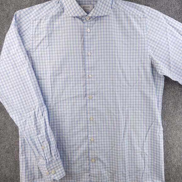 Eton 17.5 Poplin Contemporary Check Geometric Cotton Blue Convertible Cuff Men - Picture 3 of 16